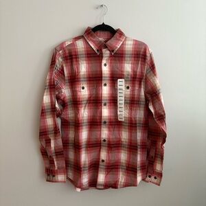 Lands' End Men's Red and White Plaid Button Down Shirt